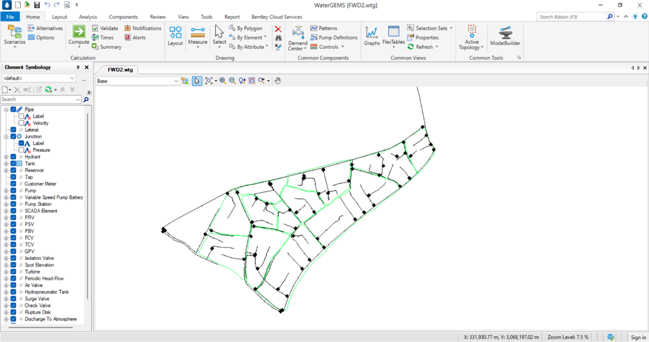 WaterGEMS hydraulic model layout